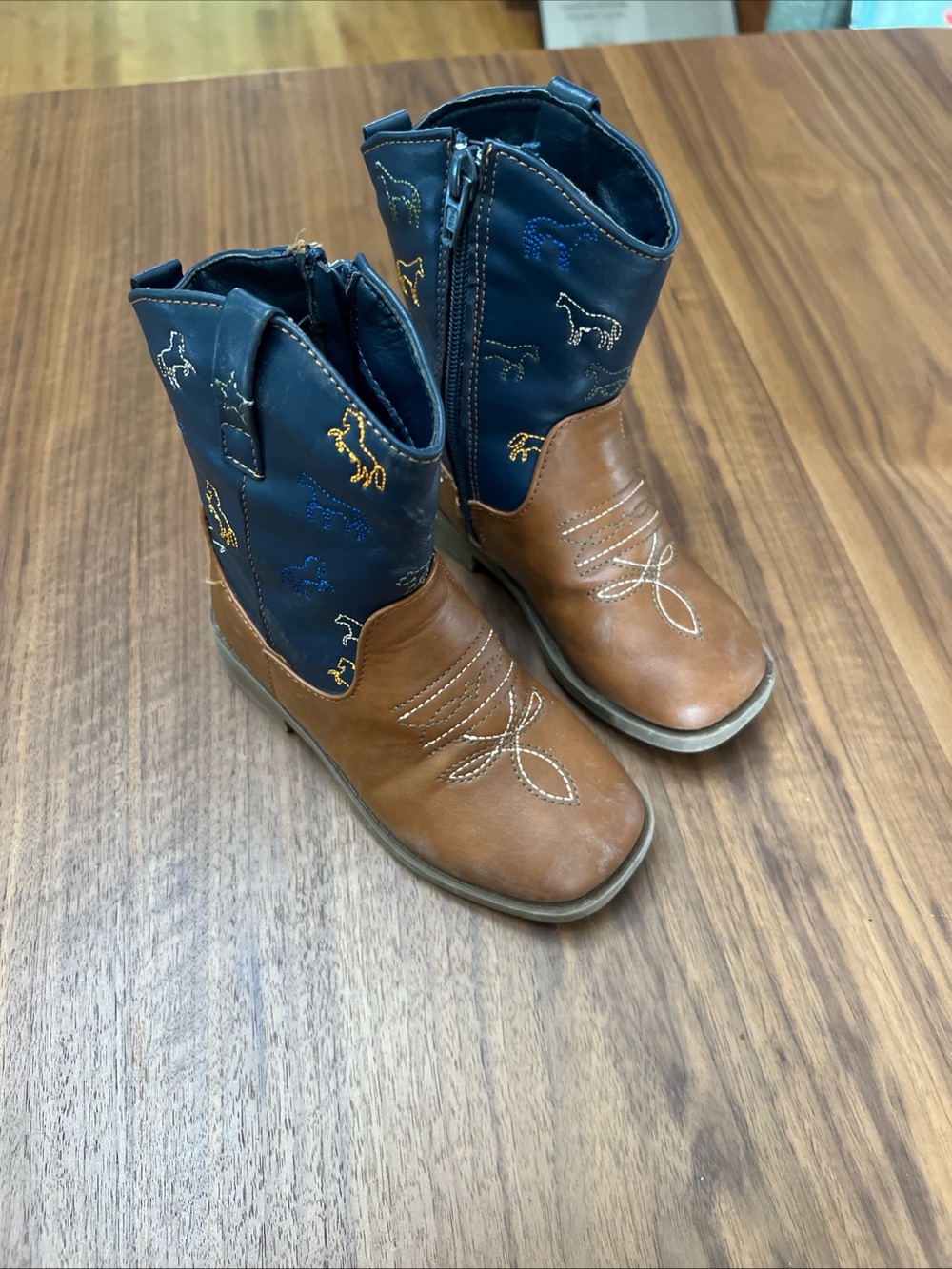 PAWZ Kids Two-Tone Brown and Navy Cowboy Boots with horse embroidery